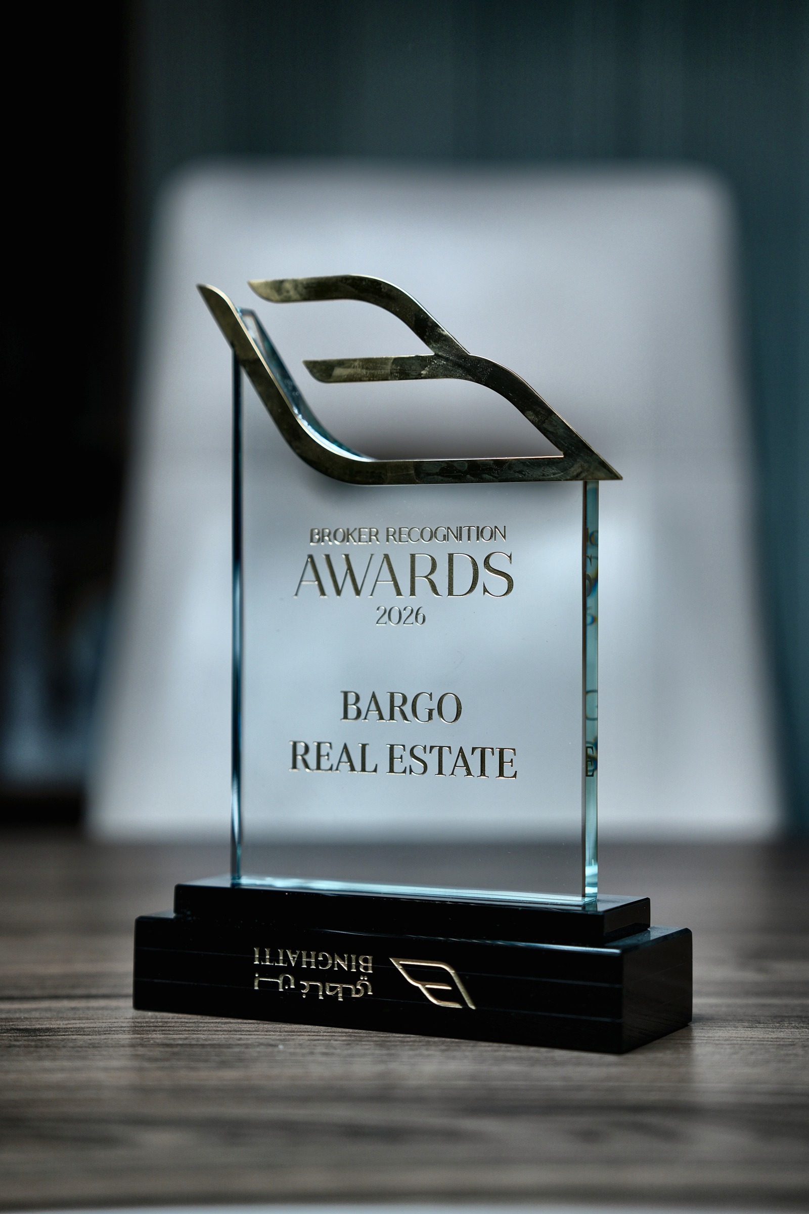Binghatti Broker Recognition Awards 2026 trophy awarded to Bargo Real Estate