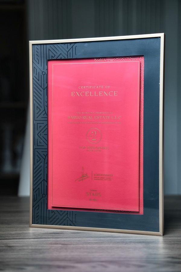 Certificate of Excellence for Bargo Real Estate as number two top performer