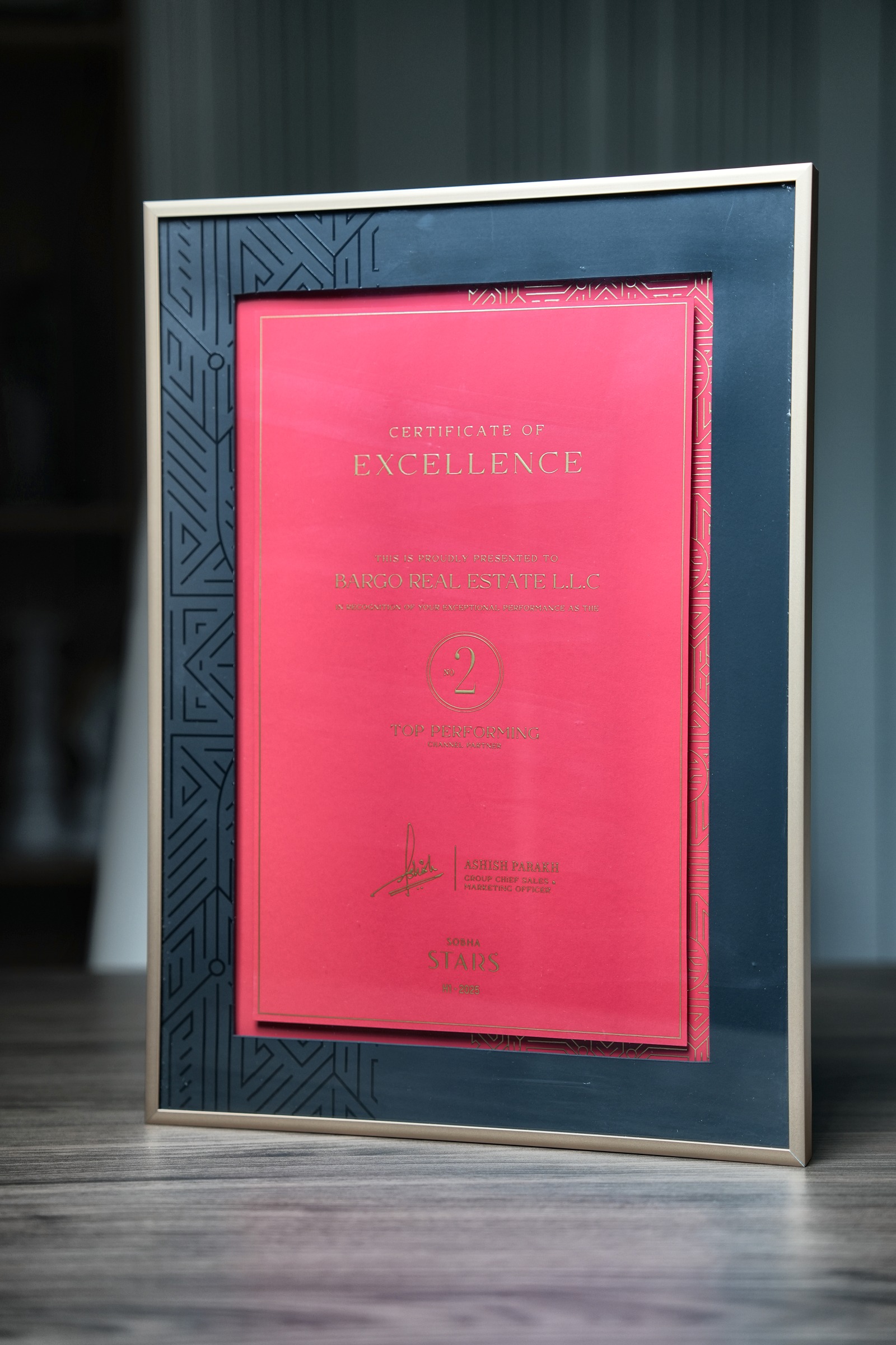 Certificate of Excellence for Bargo Real Estate as number two top performer