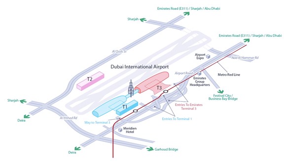 Map of Dubai airport: airport terminals and airport gates of Dubai 